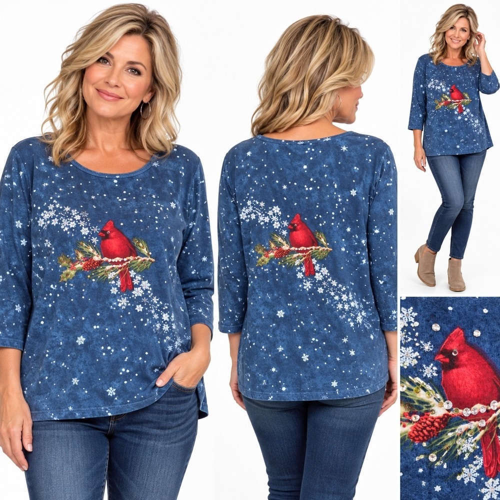 Collections Etc XXL Cardinal Christmas Top Rhinestone Snowflake 100% Cotton